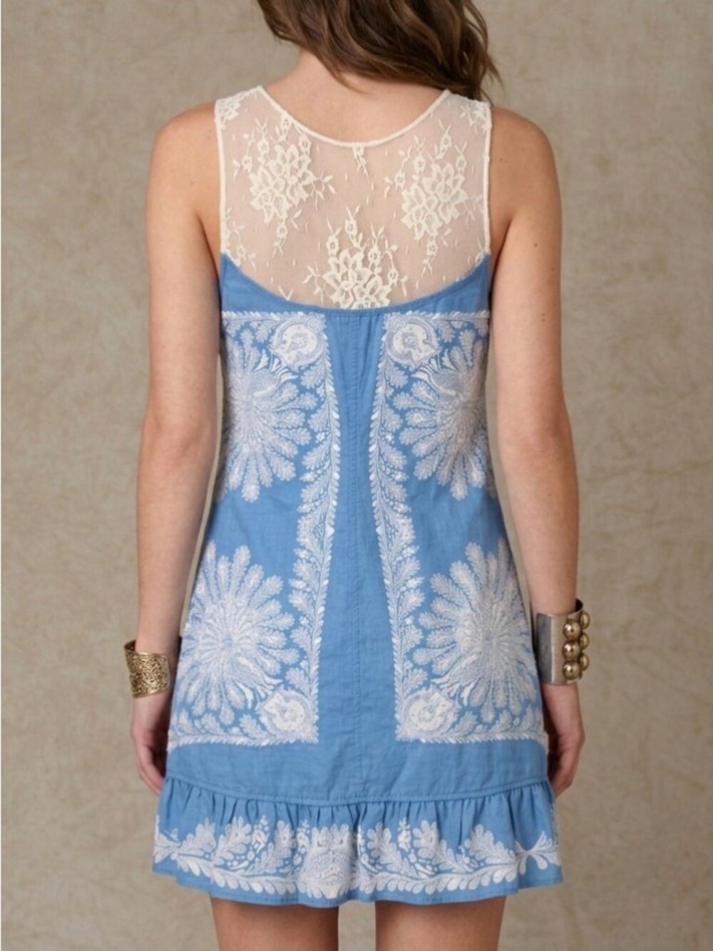 VTG Free People Crystallized Linen Crochet Lace Yoke Paisley Mini Shift Dress 10 - Picture 7 of 16